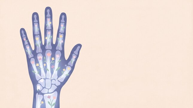 Human hand illustration showing blooming flowers in ray style with high fidelity