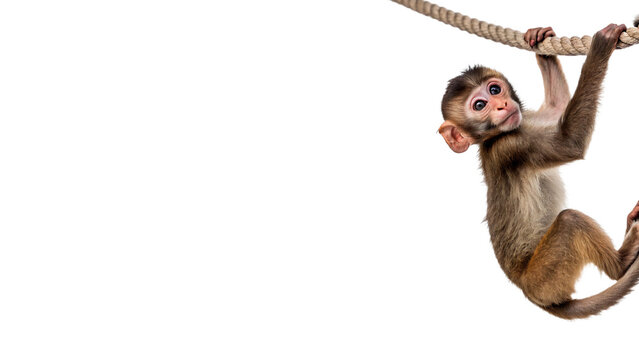 Small wild brown monkey climbing down on a branch isolated on transparent background.