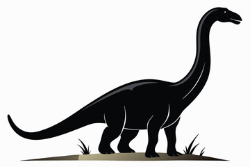 Stylized black silhouette illustration of a brontosaurus grazing on a small patch of grass © Creative Graphic Des