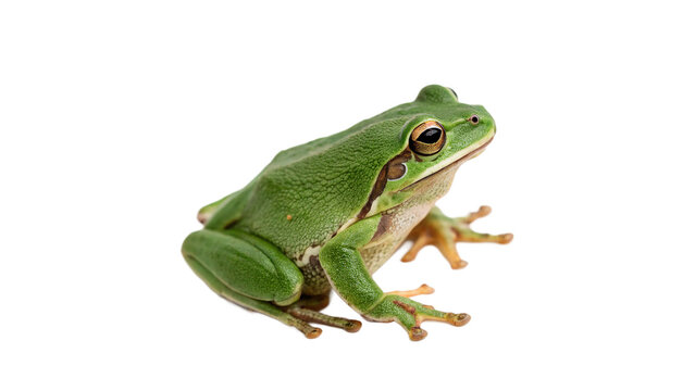 Small green pond frog sitting in full profile isolated on transparent background.