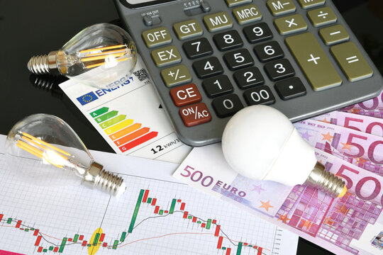 Energy Market Price Graph and Costs Concept with Calculator, Euro Money and Light Bulbs