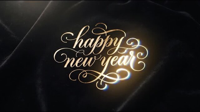 gold happy new year calligraphy lettering on black velvet fabric with shiny light reflections