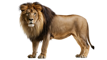 Majestic male lion with thick brown mane standing in profile © Elodie