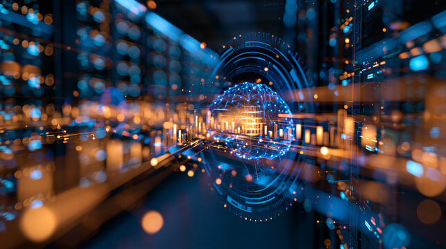 Close-up of a futuristic neural network training pipeline in a server room with data flow and layer processing diagram, AI computing concept, machine learning diagram