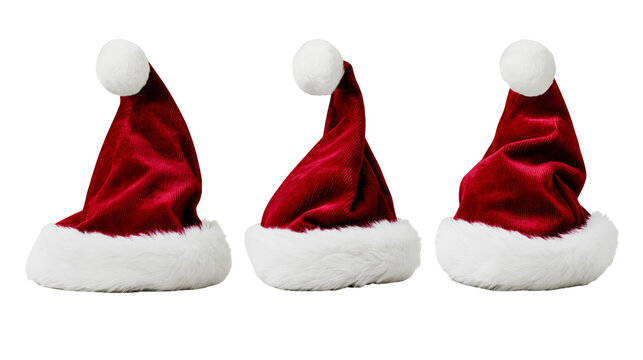 Three red velvet Santa Claus hats with white fluffy fur trim and pom poms