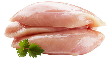 Raw fresh chicken breast fillets stacked with a sprig of green parsley © Elodie