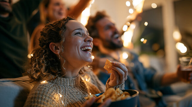 A New Year's countdown party, everyone is gathered around the clock cheering as it strikes midnight, only one woman is sitting on the couch, she is happily eating from a bowl of ch