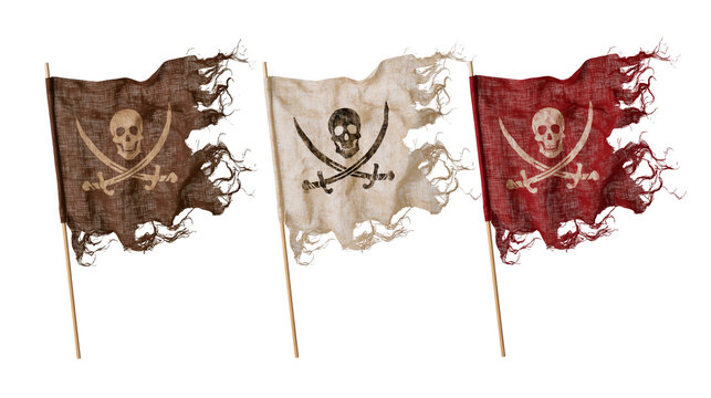 Three tattered pirate flags with skull and crossbones symbols on wooden poles