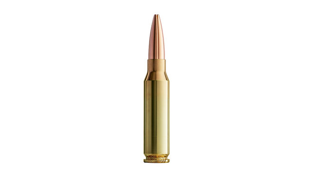 Shiny brass rifle cartridge with a copper jacketed bullet