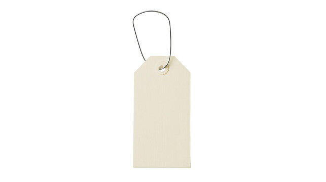Blank rectangular paper price tag with a thin metal wire loop attachment