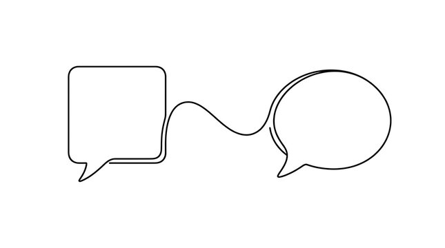 Two blank speech bubbles connected by a line for conversation representation with dialogue conversation communication