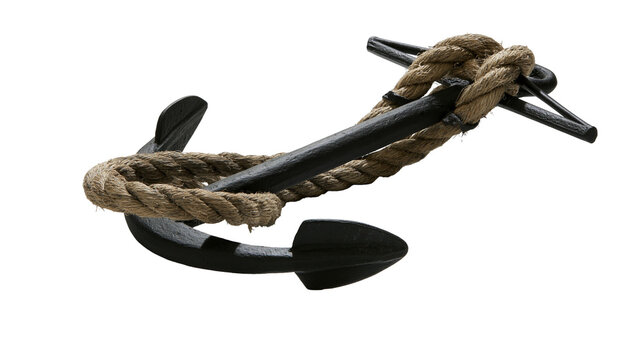 Black metal nautical anchor wrapped with thick natural jute rope