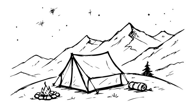 Hand-drawn illustration of a cozy camping tent situated in a majestic mountain landscape under a starry sky, rendered in a sketch, doodle, and line art style with rustic charm.

Ключевые слова (Keywor