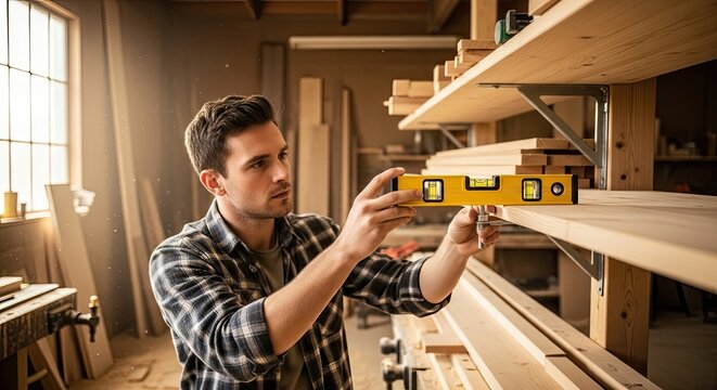 A man in a workshop, using a level tool to measure a wooden shelf.