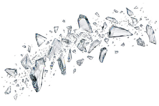 Shattered transparent glass fragments exploding and flying through air, creating a dynamic abstract design for backgrounds and artistic effects.