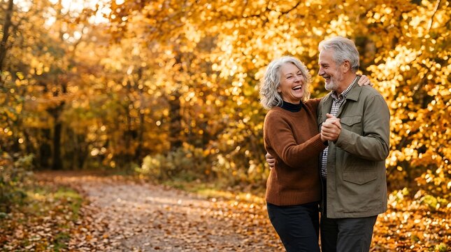 Happy senior couple dancing together in a beautiful golden autumn forest