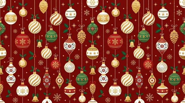 Christmas ornaments pattern featuring gold red and green baubles on dark crimson.