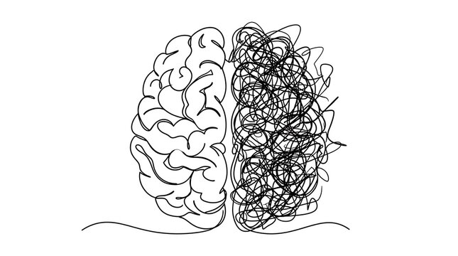 Continuous single line drawing of human brain with half logical and half chaotic creative side creative psychology