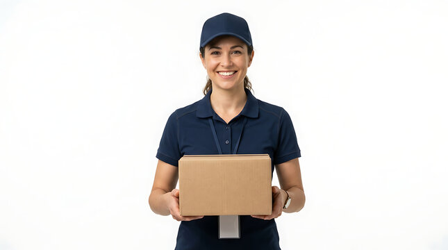 A smiling woman in a dark polo shirt and baseball cap holds a cardboard package for delivery.