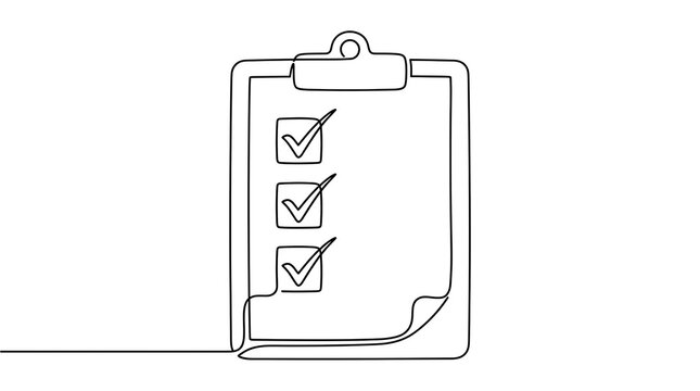 Continuous line drawing of a clipboard with a completed checklist clipboard checklist checkmarks continuous business