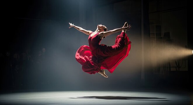 A dancer in a red dress performs a dynamic leap on a stage with a spotlight and smoke effect.