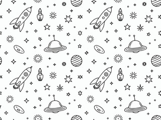 Seamless space pattern with rockets UFOs planets and stars hand-drawn doodle illustration for kids designs and backgrounds © Saqib1022