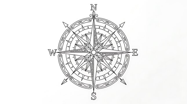 Continuous single line drawing of a vintage nautical navigation compass with navigation nautical direction illustration