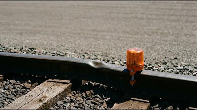 Warped steel rail showing a rapidly blinking portable warning lamp beside a visibly kinked track section