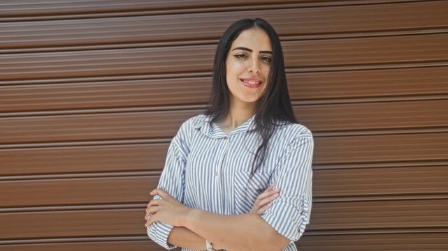 Young arab woman smiling with arms crossed wearing striped shirt in front of a brown metal shutter building; confidence.