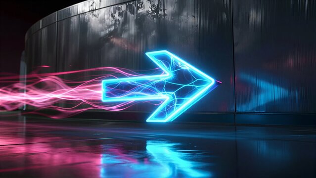 Futuristic glowing blue arrow and motion light effect on a dark reflective floor