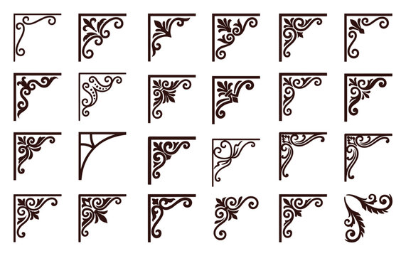 Dark ornate flourish corner vectors for classic vintage frame decoration and document set.