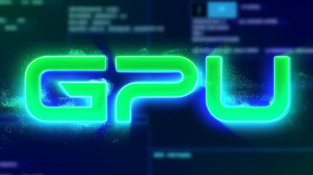 Tracking shot glowing gpu logo expanding and pulsing over blurred computer code interface with neon particles and digital background