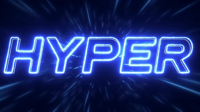 Tracking shot glowing neon hyper text moving forward through radial star field background in dark space