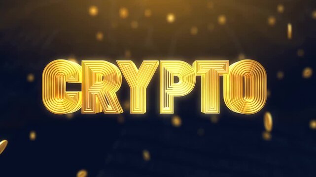 Tracking shot of golden crypto text with falling bitcoin coins and floating particles on dark studio background with glowing bokeh lights