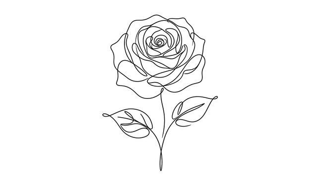 Continuous single line drawing of a blooming rose flower with minimalist continuous botanical abstract monochrome