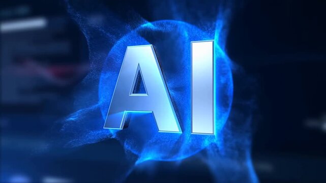 Tracking shot ai letters emerging and zooming forward over digital interface with glowing particle field in dark blue holographic environment