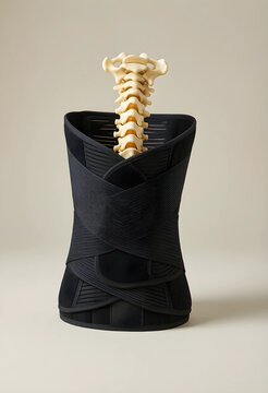 Back pain relief and spinal support, orthopedic lumbar brace with human spine model for posture correction and physical therapy recovery on neutral background
