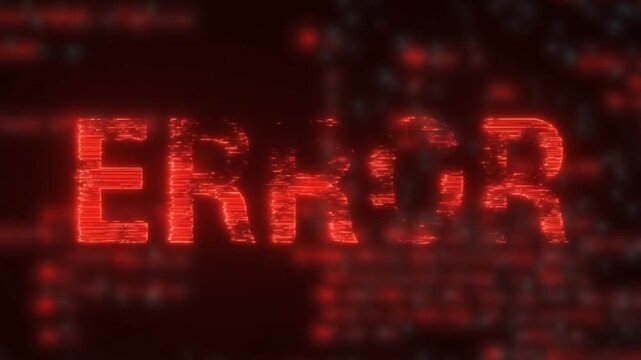 Glitching error text flickering and dissolving over dark digital code background static shot with pulsing red neon effect