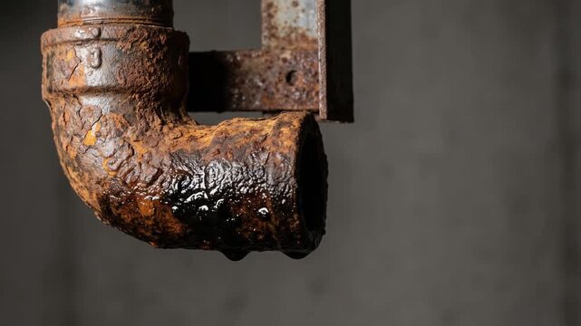 Rusted cast iron pipe elbow dripping black sludge from a blistered corroded joint in extreme close-up