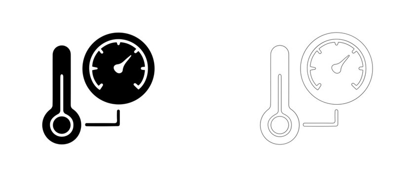 Thermometer with pressure temperature gauge vector icon filled and outline, thermal processing and temperature control symbol.