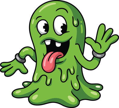 Cheerful green cartoon slime character vector illustration
