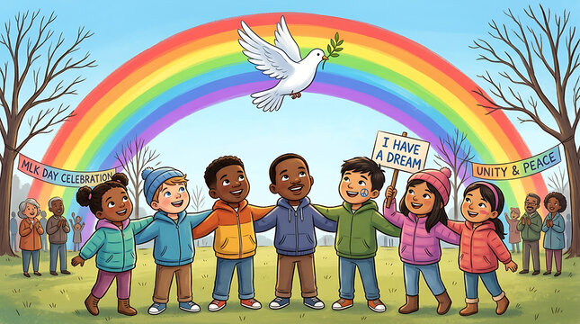 Diverse group of children standing together under a rainbow with a peace dove