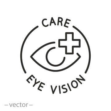 vision care eye logo, outline eye with medical cross icon