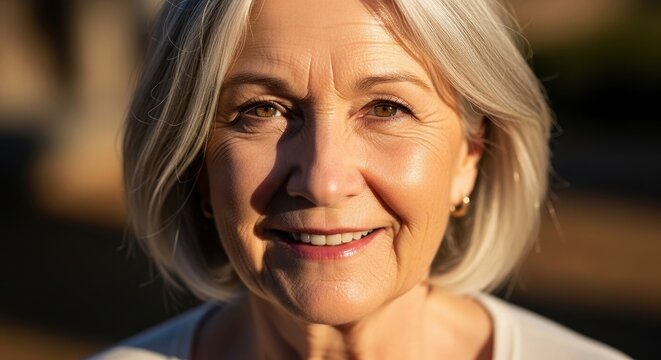A close-up of a woman with short, gray hair, wearing a white shirt, looking directly at the camera with a slight smile.