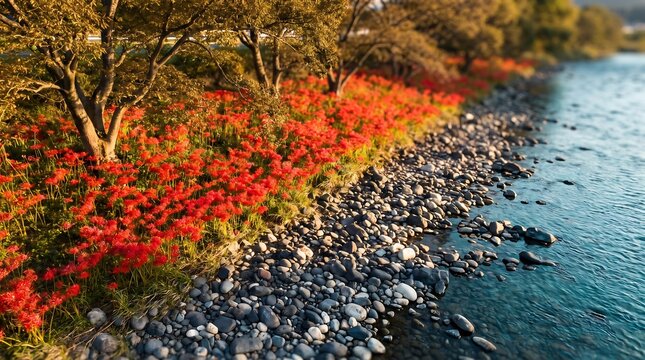 Red Spider Lilies Bloom Along Riverbank on Japan Autumnal Equinox Day