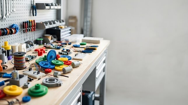 Colorful Tools and Mechanical Parts on a Workbench in a Workshop