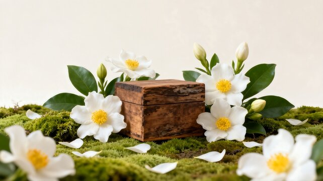 Wooden box surrounded by white flowers and green moss on plain background