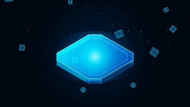 Glowing Blue Geometric Data Platform with Floating Tech Cubes in Dark Digital Space Background Motio