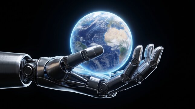 Advanced robot hand cradles the Earth in a futuristic technological embrace. Super AI