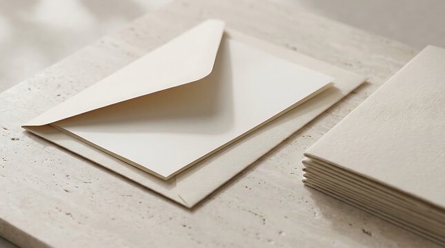 Minimalist a7 envelope with stationery paper on stone surface, elegant wedding invitation flat lay mockup